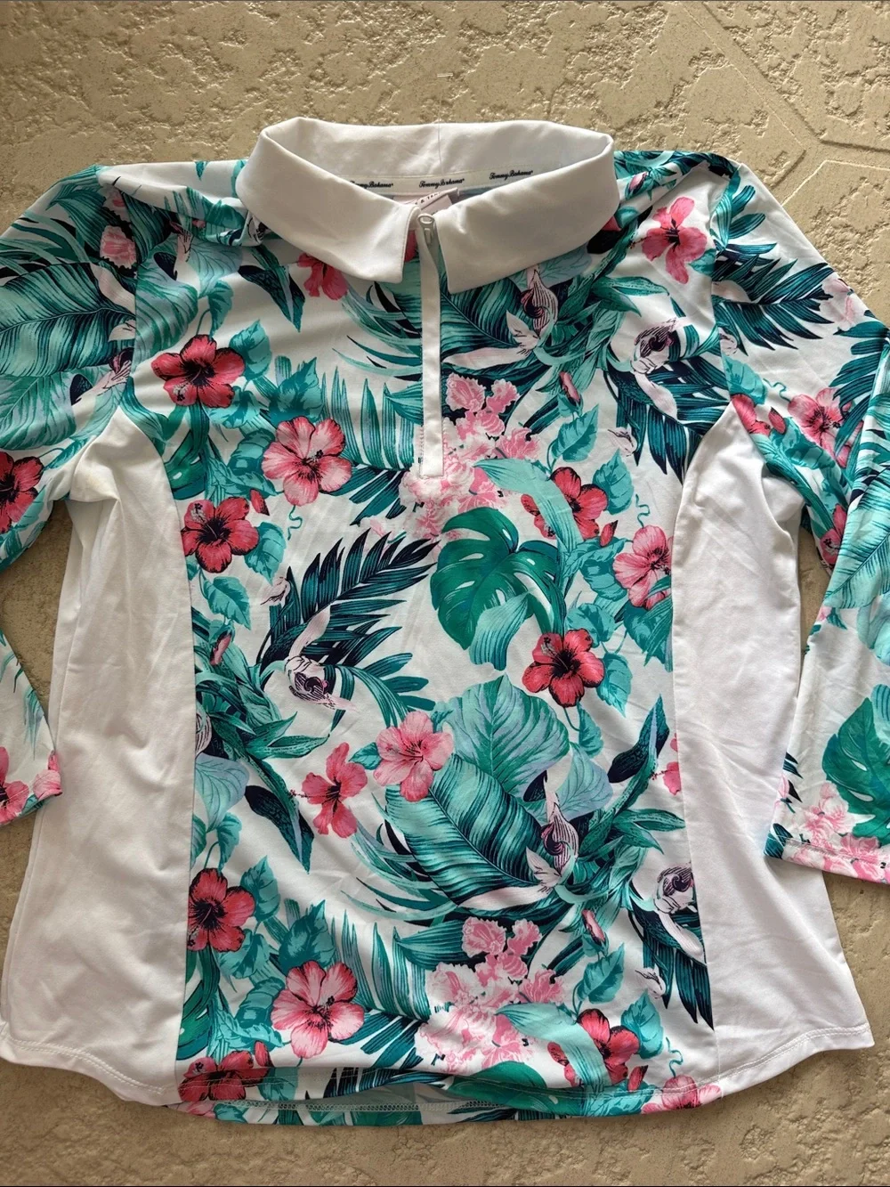 Tommy Bahama Floral Palm Print Long-Sleeve Polo - Teal, Pink, White - Picture 1 of 1